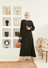 Kadın İki Renkli Tek Parça Elbise Siyah Model-421