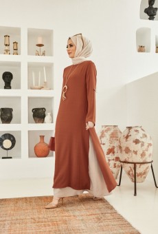Kadın İki Renkli Tek Parça Elbise Kiremit Model-421