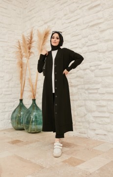 Kadın Boydan Düğmeli  Ayrobin Hırka Pantolon Takım Siyah Model-424