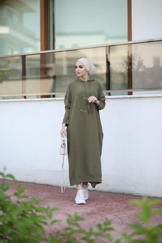 Tesettür Kapşonlu  Spor Elbise Haki Model-438