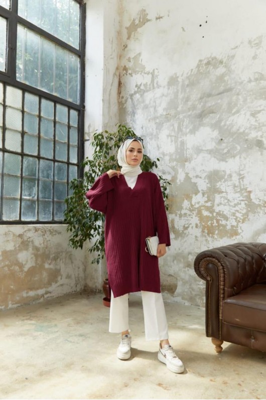 Tesettür V Yaka Çizgili Kazak Bordo Model-472