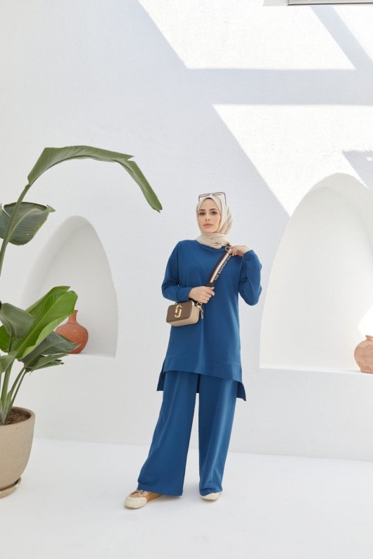 Tesettür Kısa Tunik Pantolon Takım İndigo Model-470