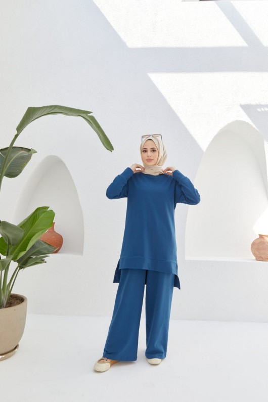 Tesettür Kısa Tunik Pantolon Takım İndigo Model-470