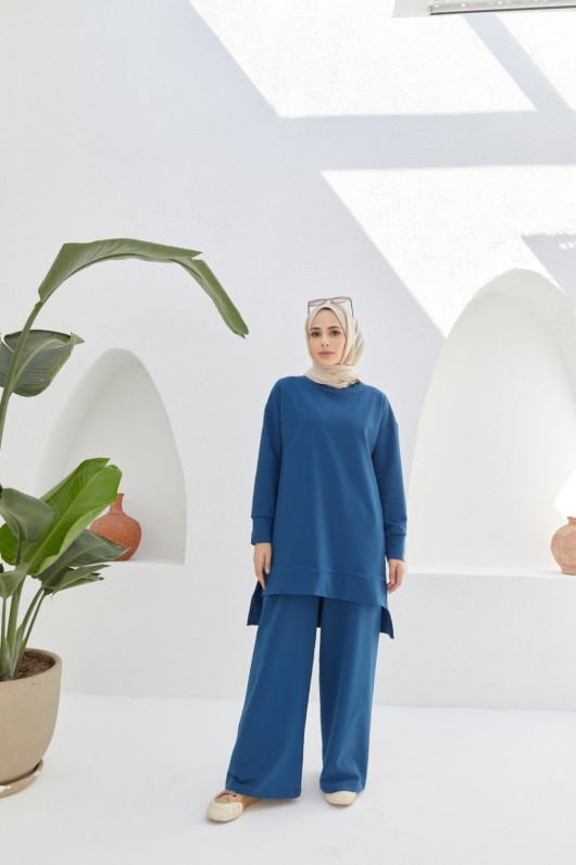 Tesettür Kısa Tunik Pantolon Takım İndigo Model-470