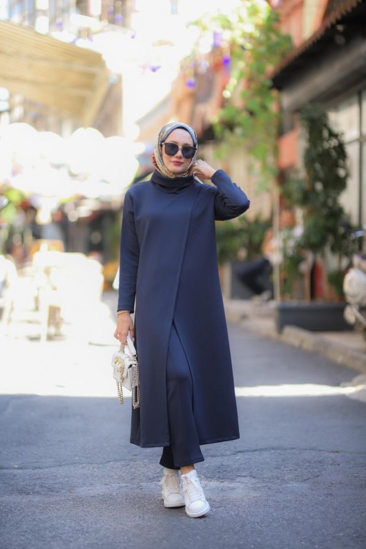 Tesettür Boğazlı Tunik Pantolon Takım Lacivert Model-487